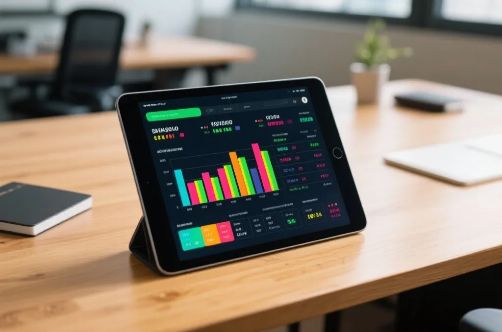 An editorial close-up of a tablet screen displaying a sports statistics dashboard with colorful bar charts and data grids, placed on a wooden office desk