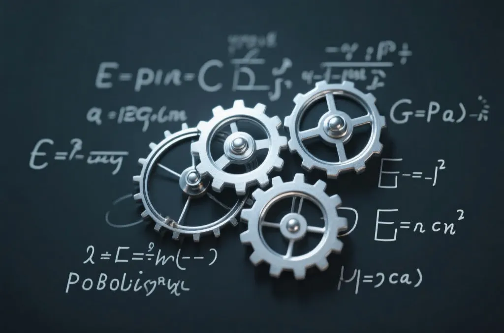 抽象的数学公式和齿轮组合图,象征科学计算与概率分析